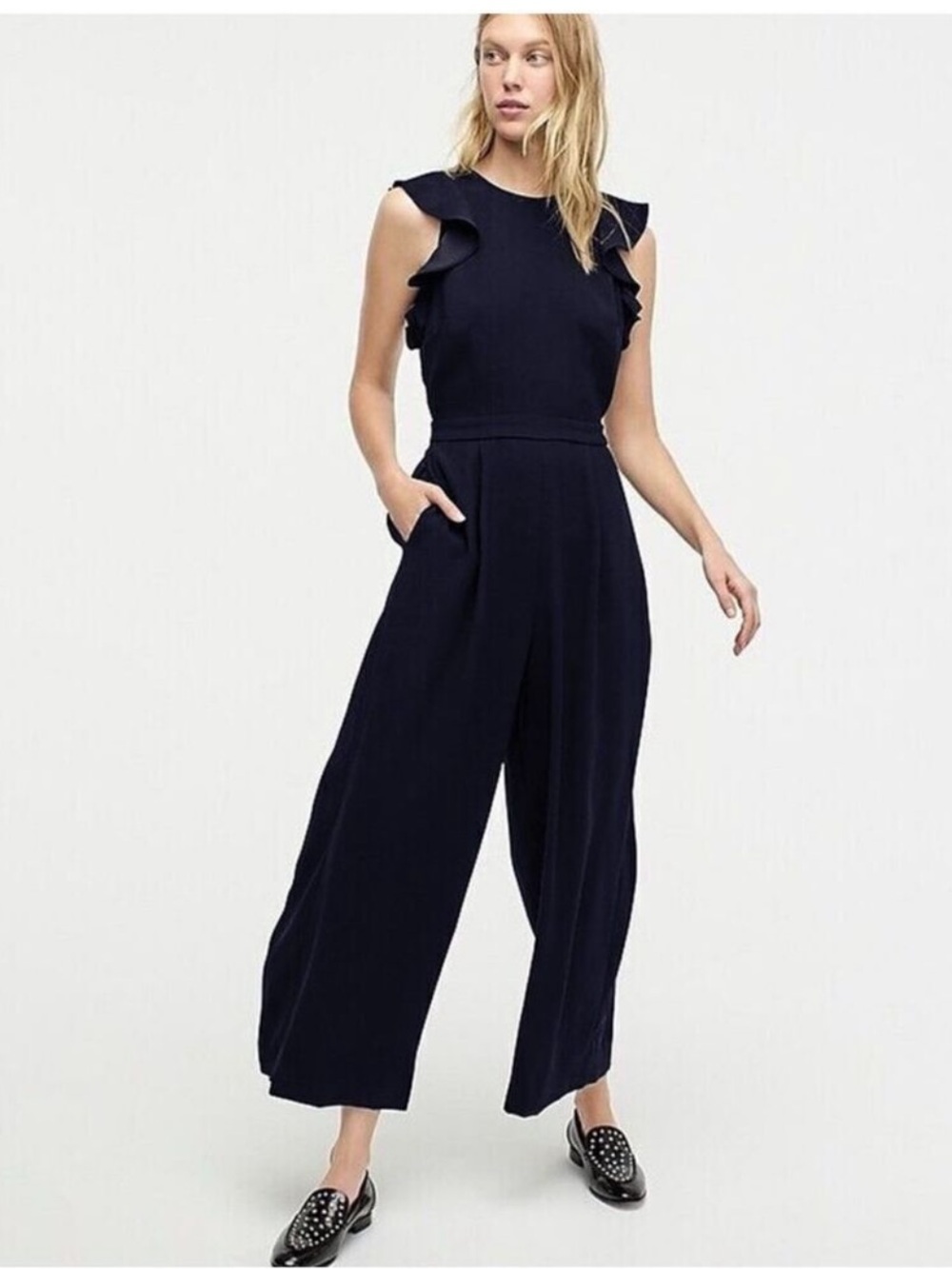J. CREW Crepe Sleeveless Navy Ruffle Wide Leg Crop Jumpsuit, Size 6 Tall